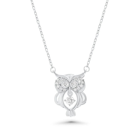 925 Sterling Silver Rhodium Plated Dancing Moissanite Owl Pendant Necklace