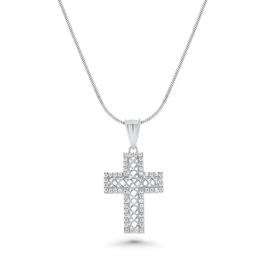 925 Sterling Silver Rhodium Plated Moissanite Rope Design Cross Pendant