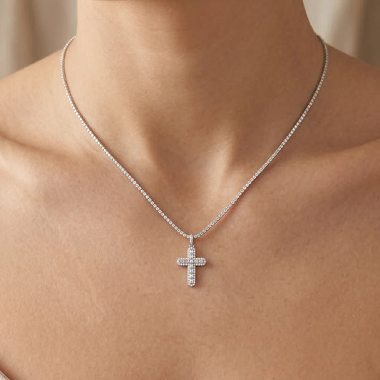 925 Sterling Silver Rhodium Plated Moissanite Multi Color Bagguette Pave Cross Pendant