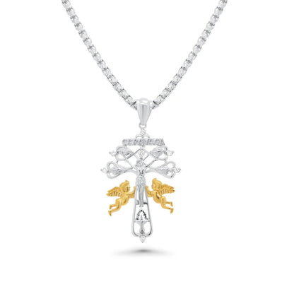 925 Sterling Silver Two-Tone Plated Moissanite Crucifix Jesus Cross Cherubs Caravaca Pendant