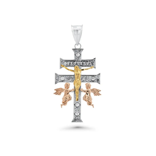 925 Sterling Silver Three-Tone Plated Moissanite Crucifix Cherubs Caravaca Pendant