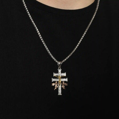 925 Sterling Silver Three-Tone Plated Moissanite Crucifix Cherubs Caravaca Pendant