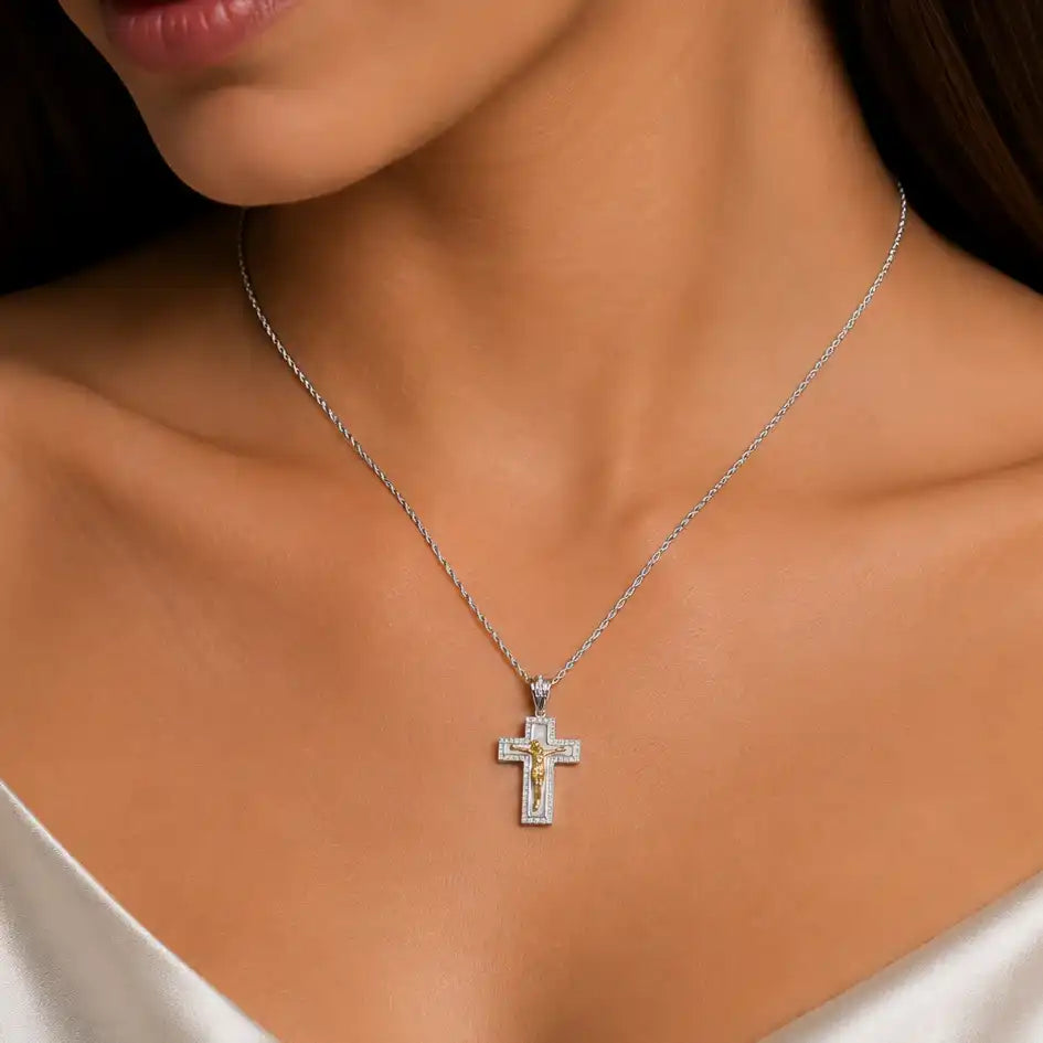 925 Sterling Silver Two-Tone Moissanite Stone Crucifix Cross Pendant