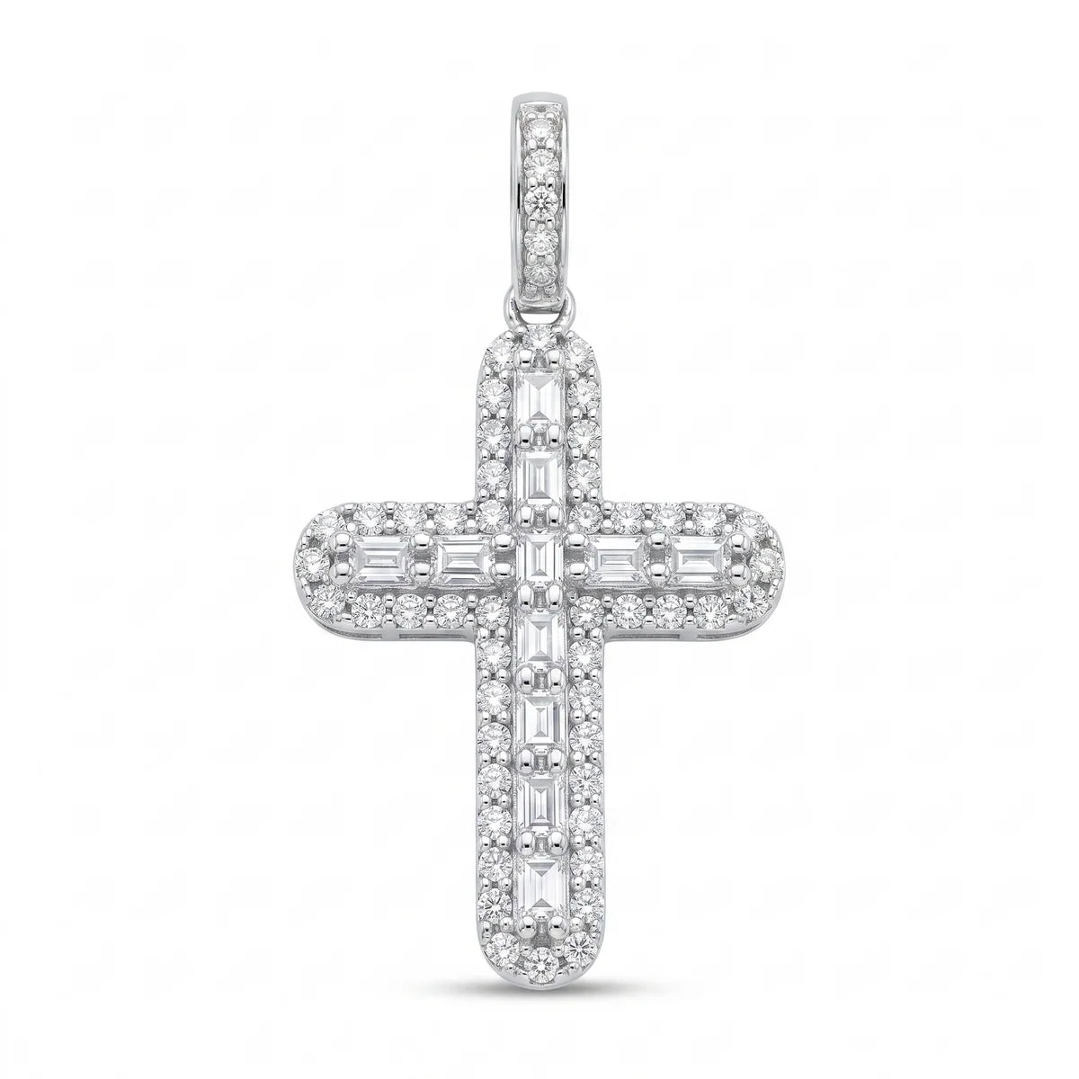 925 Sterling Silver Rhodium Plated Moissanite Multi Color Bagguette Pave Cross Pendant