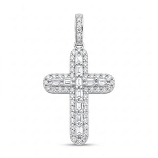 925 Sterling Silver Rhodium Plated Moissanite Multi Color Bagguette Pave Cross Pendant