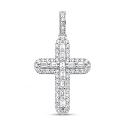 925 Sterling Silver Rhodium Plated Moissanite Multi Color Bagguette Pave Cross Pendant