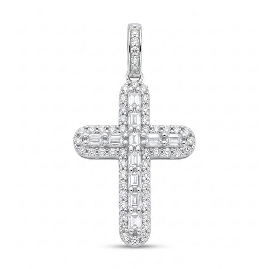 925 Sterling Silver Rhodium Plated Moissanite Multi Color Bagguette Pave Cross Pendant