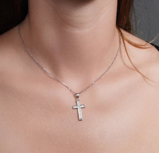 925 Sterling Silver Rhodium Plated Moissanite Cross Pendant