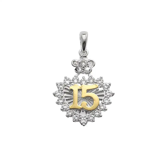 925 Sterling Silver Two-Tone Moissanite Stone Quinceañera Floral Halo Heart Pendant
