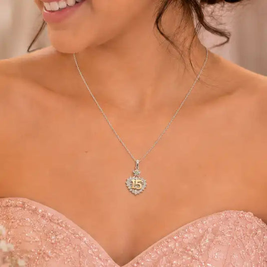 925 Sterling Silver Two-Tone Moissanite Stone Quinceañera Floral Halo Heart Pendant