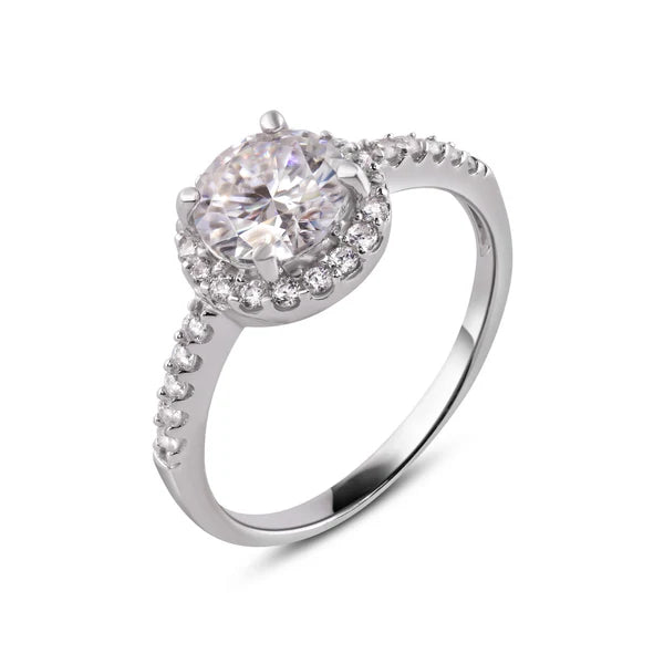 925 Sterling Silver Rhodium Plated Moissanite Stone Engagement Halo Ring