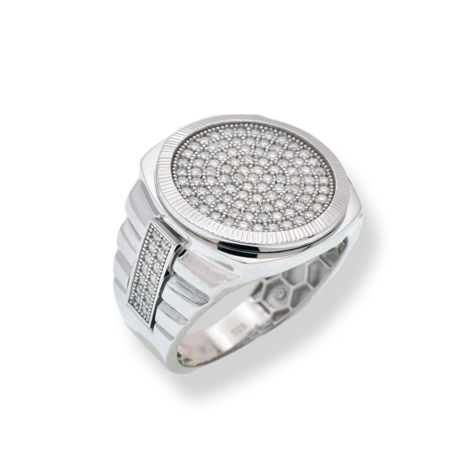 925 Sterling Silver Rhodium Plated Men's Moissanite Stone Diamond Cut Round Bezel 18mm x 18.5mm Statement Ring