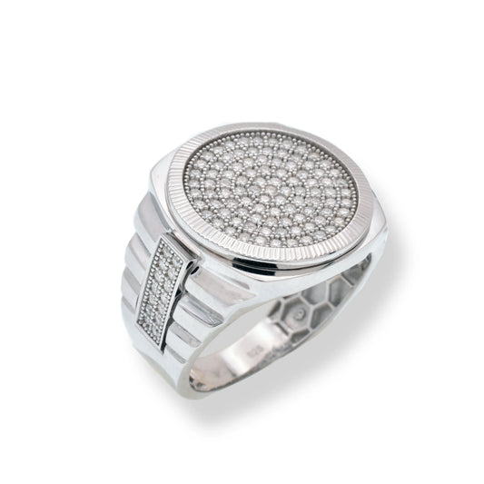 925 Sterling Silver Rhodium Plated Men's Moissanite Stone Diamond Cut Round Bezel 18mm x 18.5mm Statement Ring