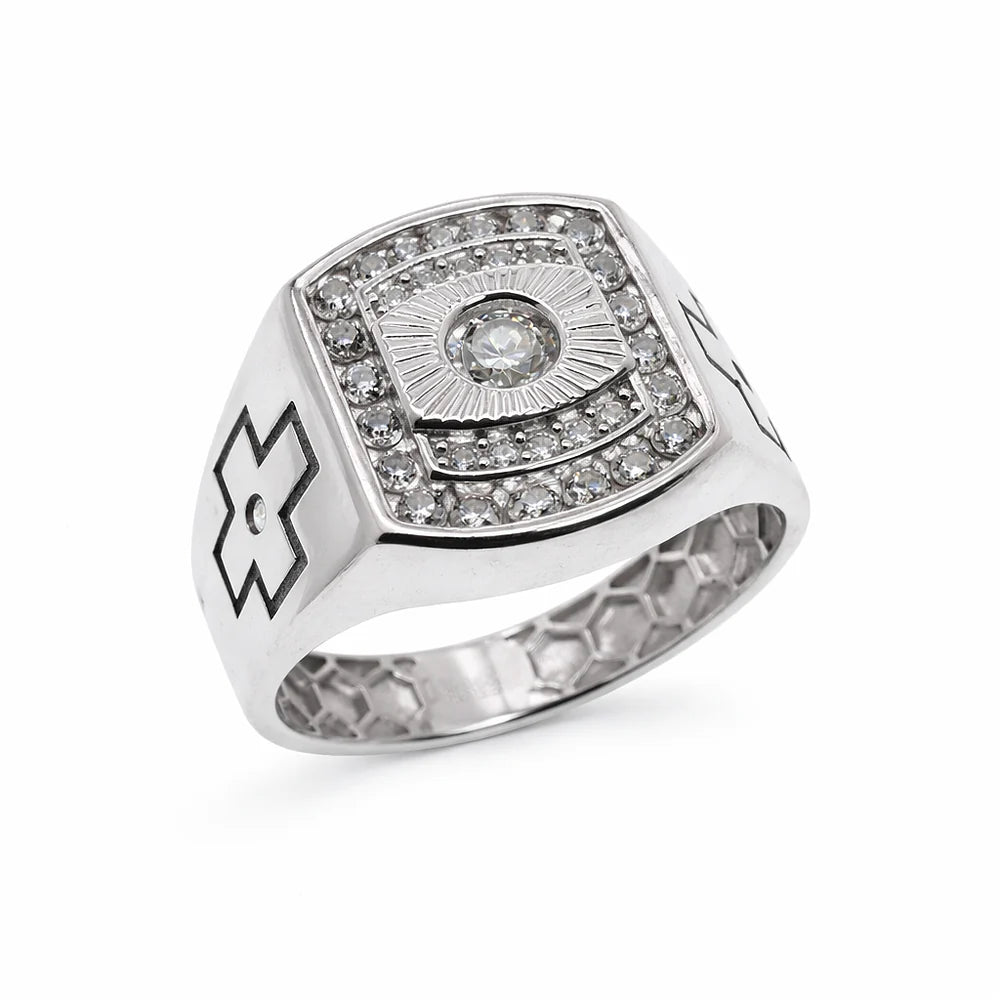925 Sterling Silver Rhodium Plated Moissanite Square Halo Men's Statement Ring
