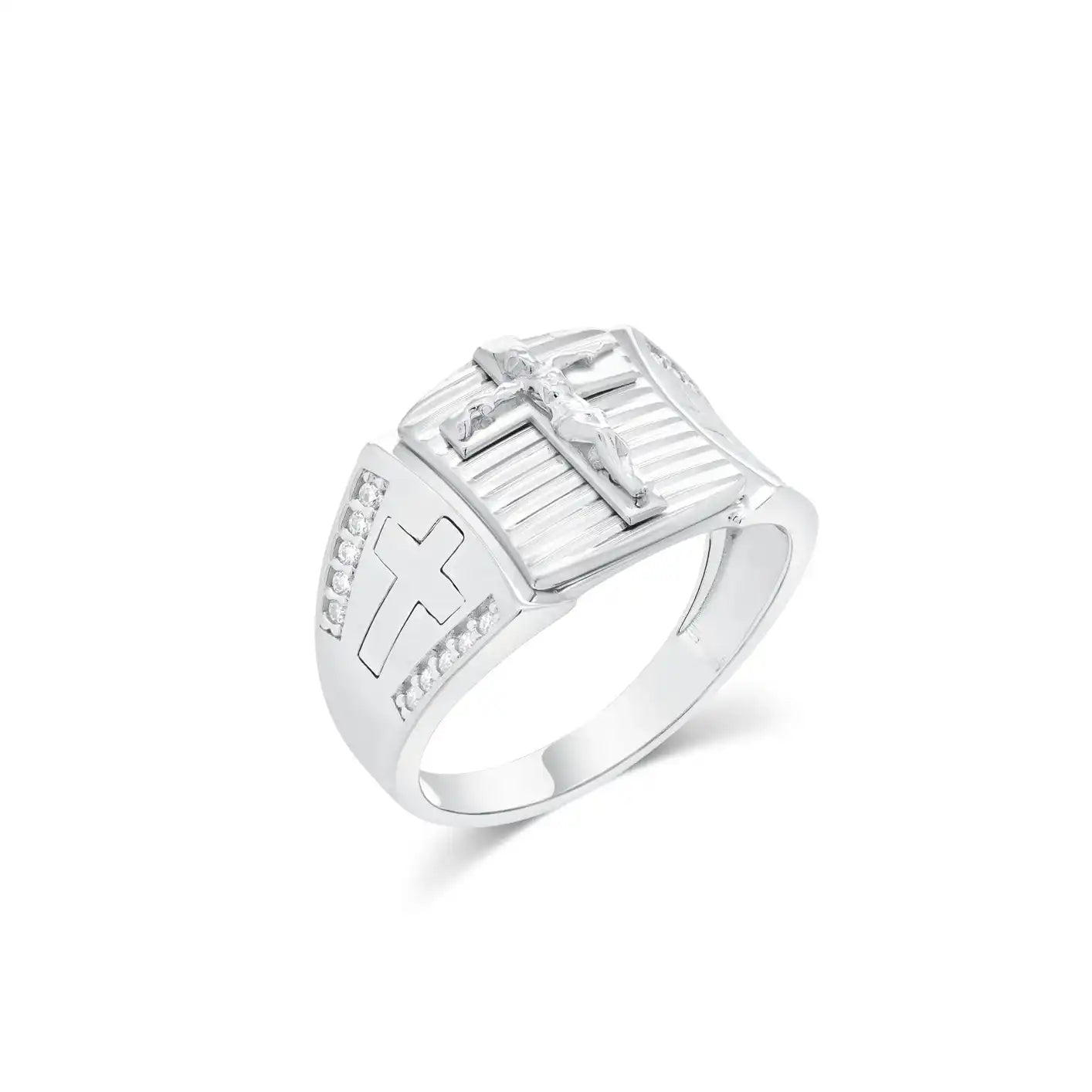925 Sterling Silver Rhodium Plated Men's Moissanite Iced Cross Accents with Detailed Jesus Center Ring