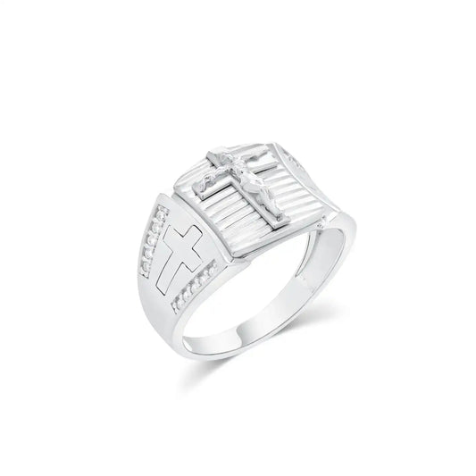 925 Sterling Silver Rhodium Plated Men's Moissanite Iced Cross Accents with Detailed Jesus Center Ring
