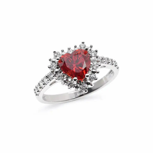 925 Sterling Silver Rhodium Plated Moissanite Stone Ruby Red Heart Pave Ring