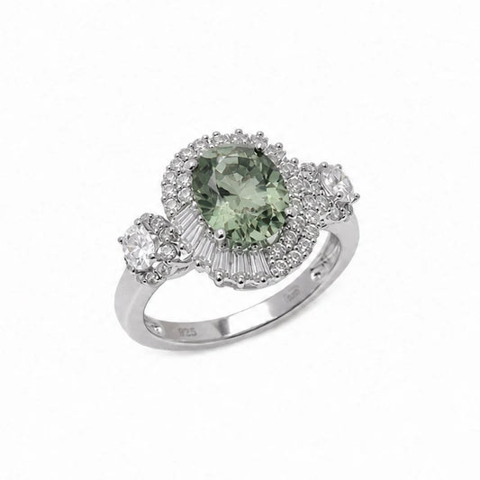 925 Sterling Silver Rhodium Plated Moissanite Cushion Cut Halo 3-Stone Statement Ring