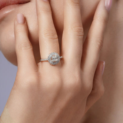 925 Sterling Silver Rhodium Plated Moissanite Square Halo Double Pave Ring