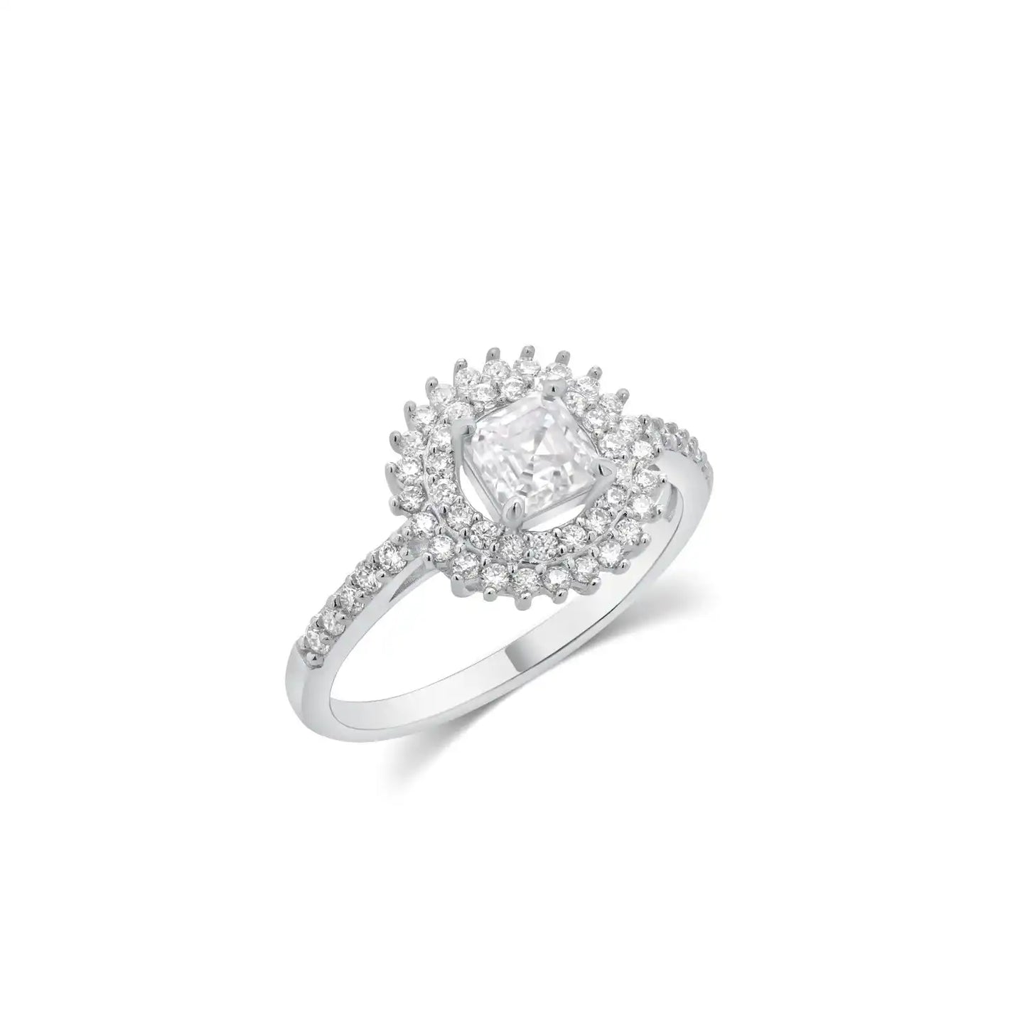 925 Sterling Silver Rhodium Plated Moissanite Square Halo Double Pave Ring