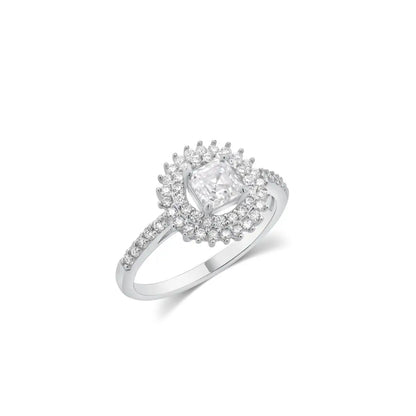 925 Sterling Silver Rhodium Plated Moissanite Square Halo Double Pave Ring