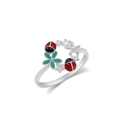 925 Sterling Silver Rhodium Plated Moissanite Enamel Lady Bug and Flower Ring