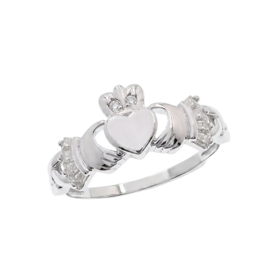 925 Sterling Silver Rhodium Plated Moissanite Claddagh Ring with Baguette-Cut Stone Accents Ring