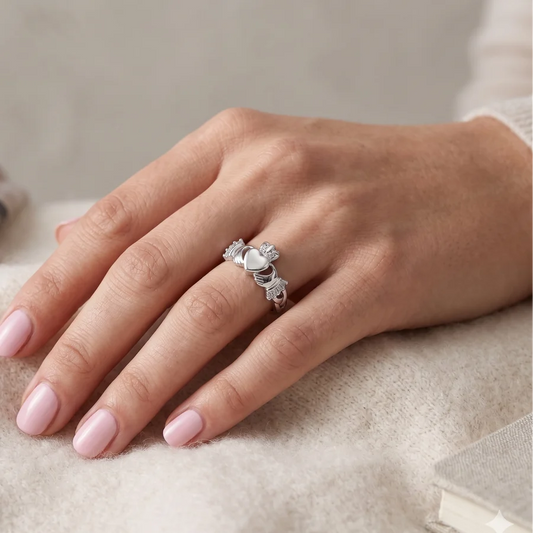 925 Sterling Silver Rhodium Plated Moissanite Claddagh Ring with Baguette-Cut Stone Accents Ring