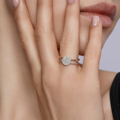 925 Sterling Silver Rhodium Plated Moissanite Round Cluster Top Split Band Ring