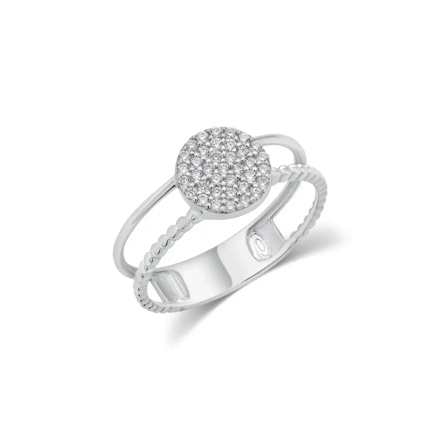 925 Sterling Silver Rhodium Plated Moissanite Round Cluster Top Split Band Ring