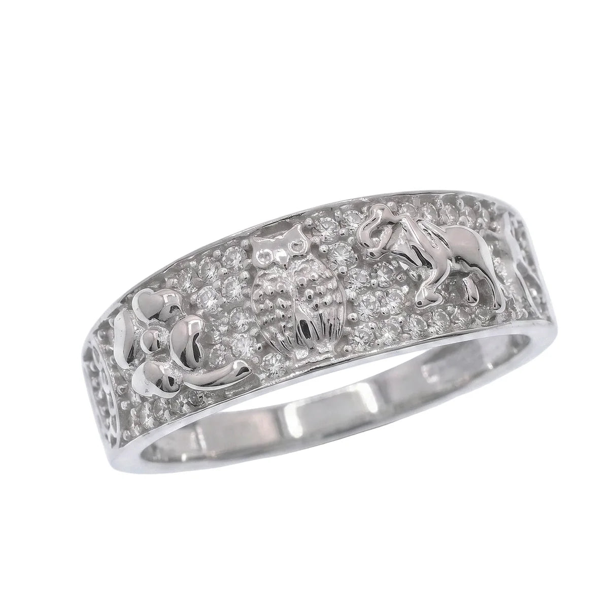 925 Sterling Silver Rhodium Plated Moissanite Good Luck Charm Pavé Crystal Elephant, Horseshoe & Owl Band Ring