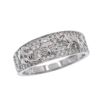 925 Sterling Silver Rhodium Plated Moissanite Good Luck Charm Pavé Crystal Elephant, Horseshoe & Owl Band Ring