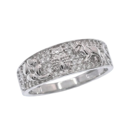 925 Sterling Silver Rhodium Plated Moissanite Good Luck Charm Pavé Crystal Elephant, Horseshoe & Owl Band Ring