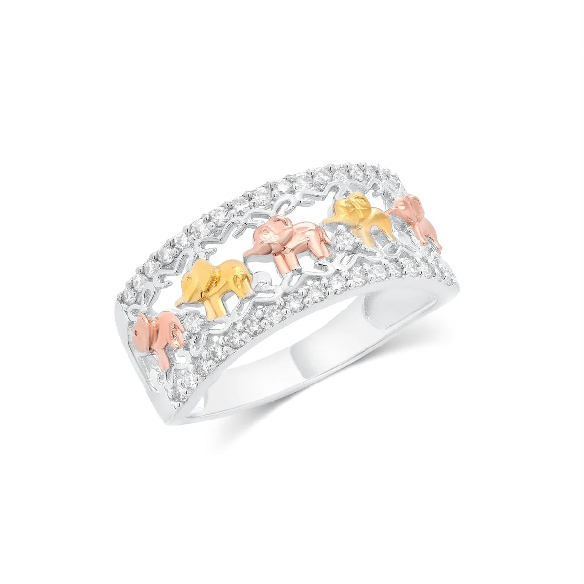 925 Sterling Silver Three-Tone Plated Moissanite Elephant Pave Ring