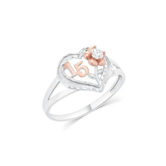 925 Sterling Silver Two-Tone Plated Quinceañera Heart Rose Ring