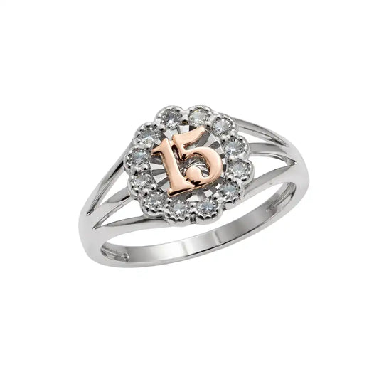 925 Sterling Silver Two-Tone Plated Moissanite Stone Quinceañera Halo Ring
