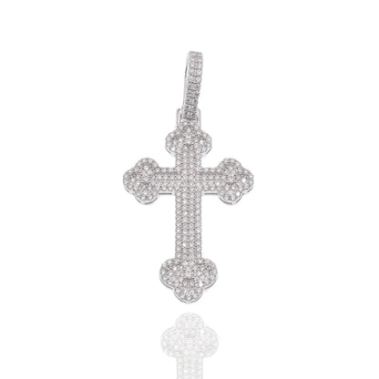 925 Sterling Silver Rhodium Plated Moissanite Fleur-De-Lis Cross Encrusted 24.5mm x 37.6mm Pendant