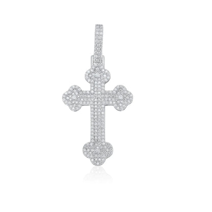 925 Sterling Silver Rhodium Plated Moissanite Fleur-De-Lis Cross Encrusted 24.5mm x 37.6mm Pendant