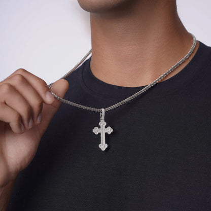 925 Sterling Silver Rhodium Plated Moissanite Fleur-De-Lis Cross Encrusted 24.5mm x 37.6mm Pendant