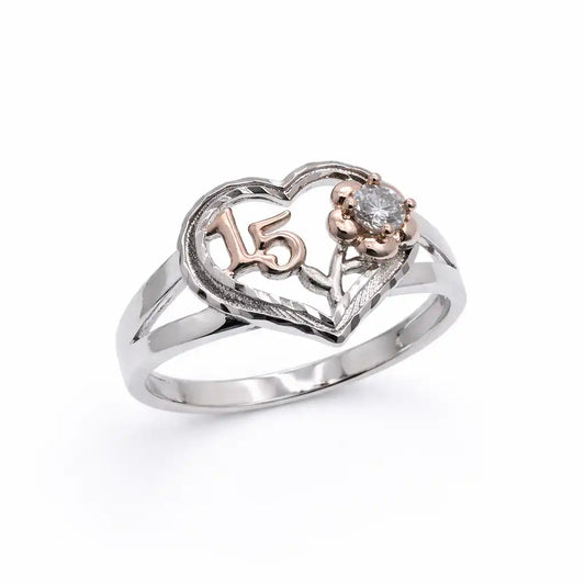 925 Sterling Silver Two-Tone Plated Quinceañera Heart Rose Ring