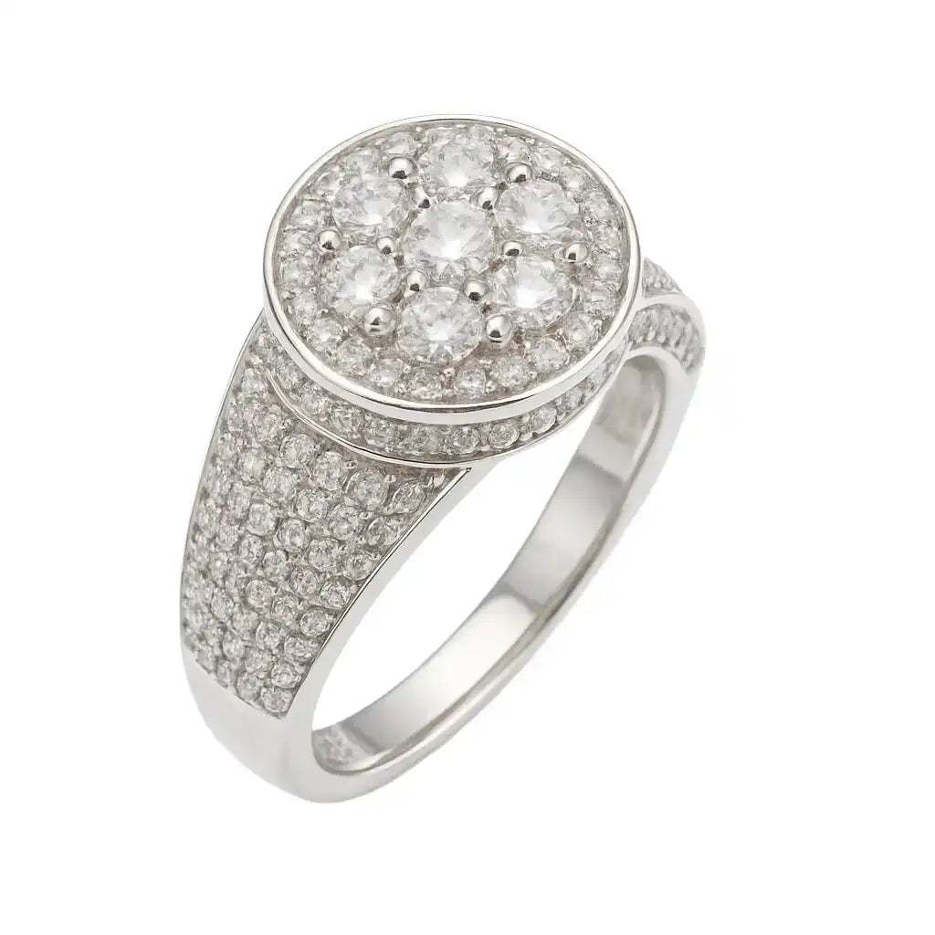 925 Sterling Silver Rhodium Plated Men's Classic Moissanite Round Pave Encrusted 12.8mm Ring