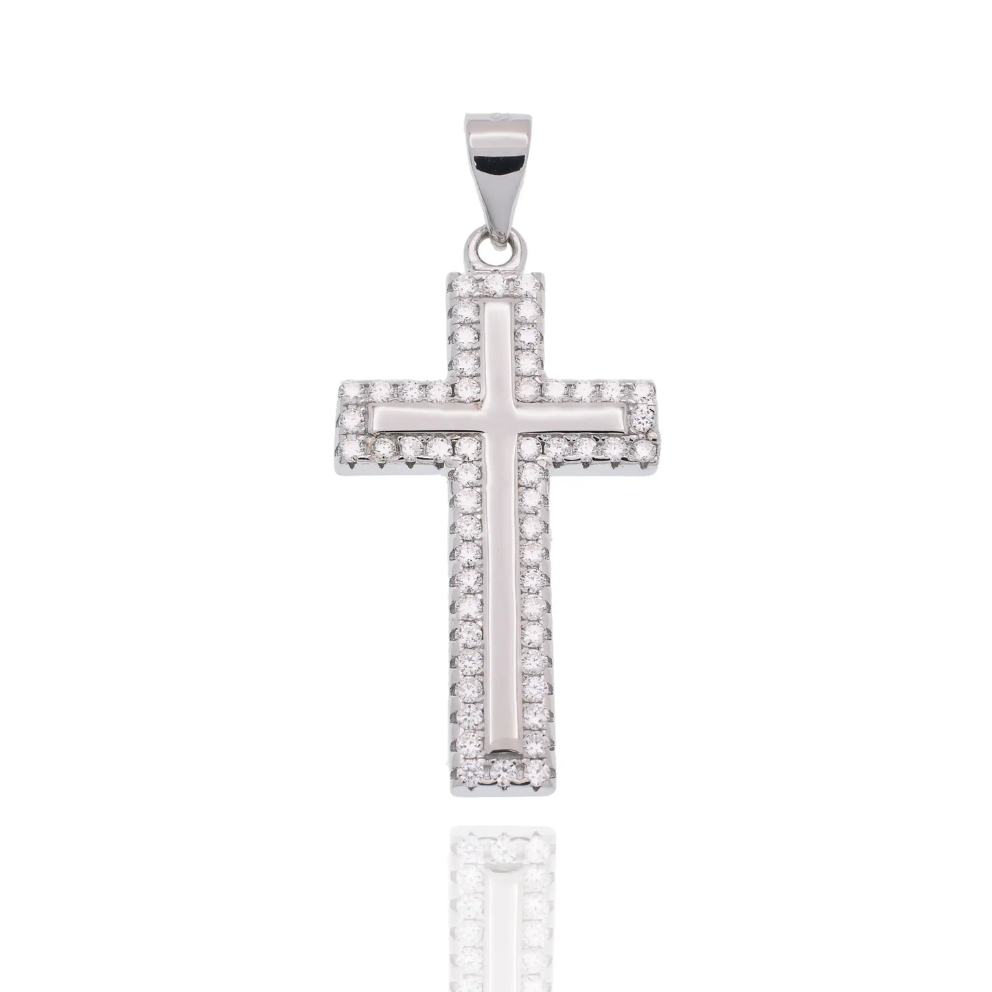 925 Sterling Silver Rhodium Plated Moissanite 15mm x 23mm Border Cross Hip Hop Pendant
