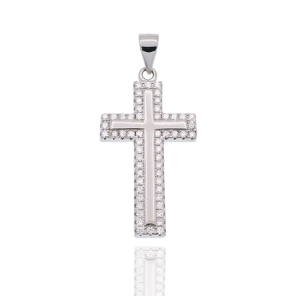 925 Sterling Silver Rhodium Plated Moissanite 15mm x 23mm Border Cross Hip Hop Pendant
