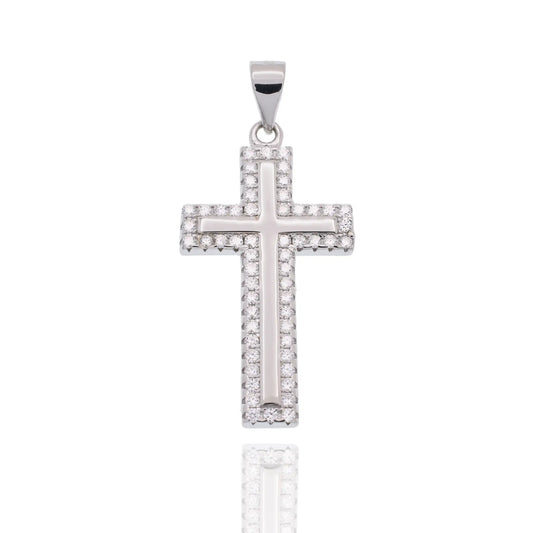 925 Sterling Silver Rhodium Plated Moissanite 15mm x 23mm Border Cross Hip Hop Pendant