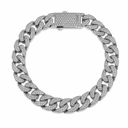 925 Sterling Silver Rhodium Plated Moissanite Pave Flat Cuban Link 10mm Bracelet