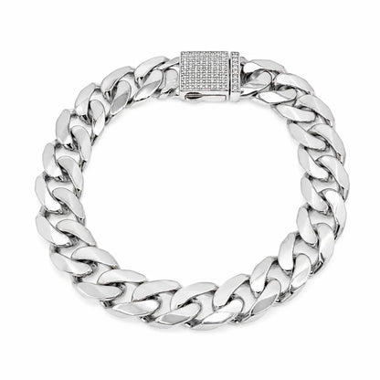 925 Sterling Silver Rhodium Plated Moissanite on Lock Classic Cuban Link 12mm Bracelet