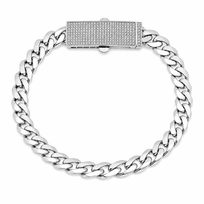 925 Sterling Silver Rhodium Plated Moissanite Pave Bar Lock Cuban Link 8mm Bracelet