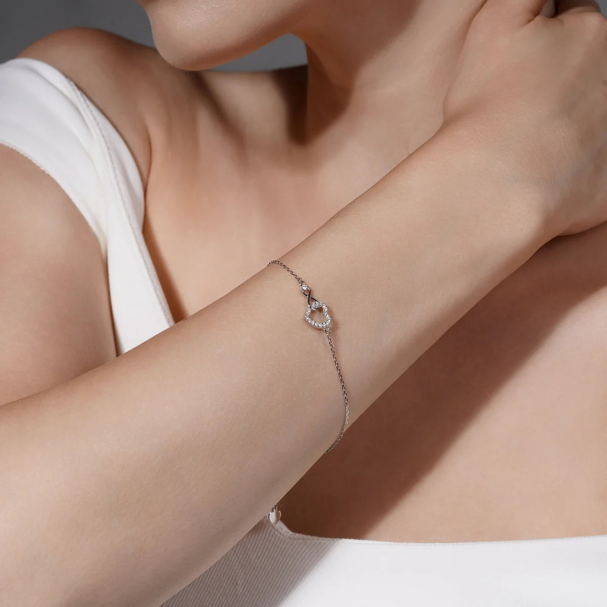 925 Sterling Silver Rhodium Plated Moissanite Open Heart Infinity Bracelet