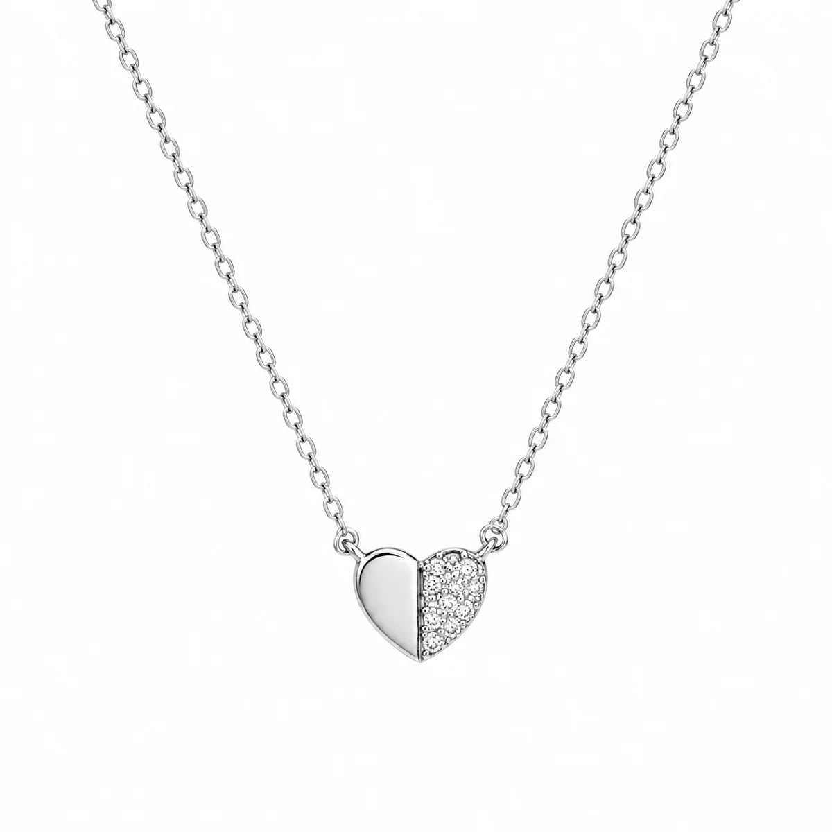925 Sterling Silver Rhodium Plated Moissanite Half Pavé Heart Pendant Adjustable Necklace