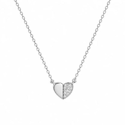 925 Sterling Silver Rhodium Plated Moissanite Half Pavé Heart Pendant Adjustable Necklace